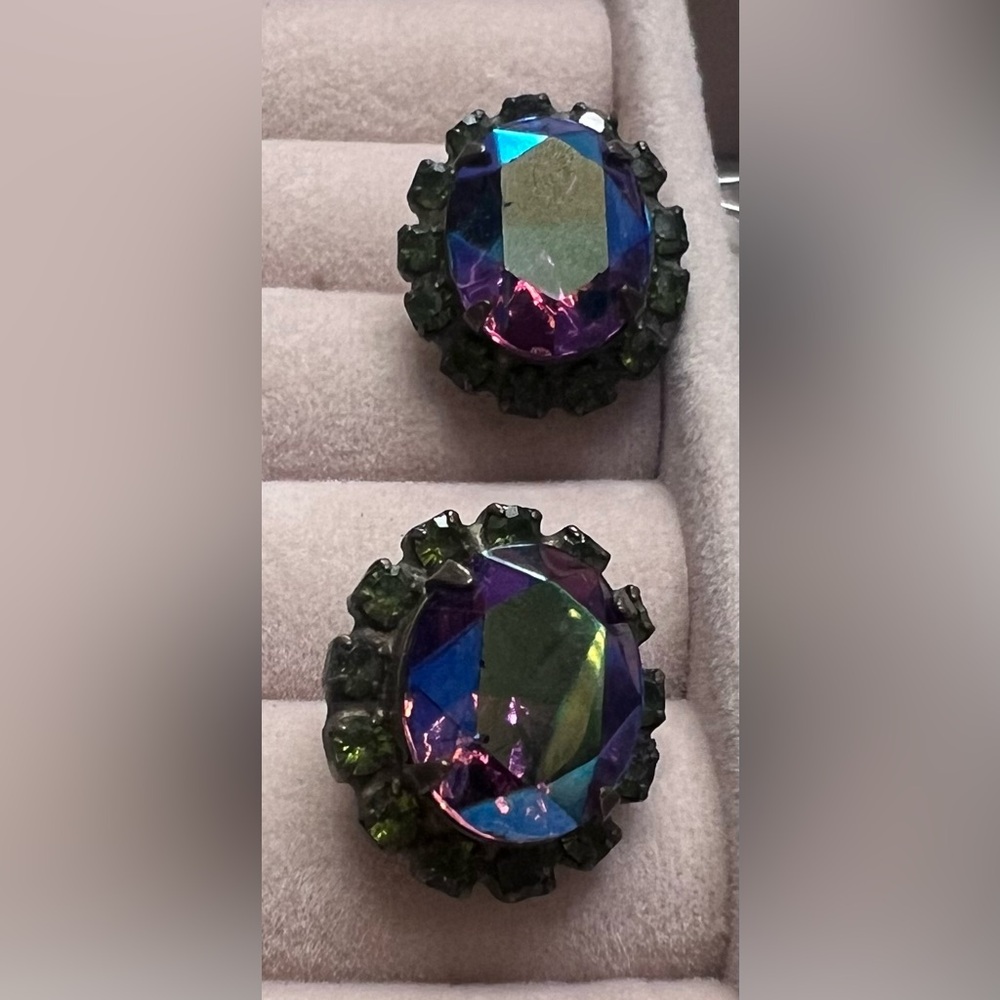 Large Sorrelli Oval Earrings Purple with Green Accents